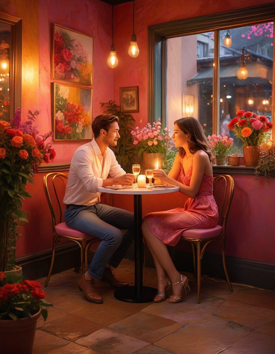 A captivating scene of a couple sharing a bright, intimate moment in a colorful, artfully decorated café, surrounded by vibrant flowers and soft candlelight, symbolizing deep emotional connections. The couple's expressions are enchanting and filled with allure, with flirtatious glances and subtle gestures. The background features abstract art that represents passion and creativity, enhancing the theme of seduction. Rich color palettes of reds, pinks, and golds, with soft lighting. super-realistic. vibrant colors.
