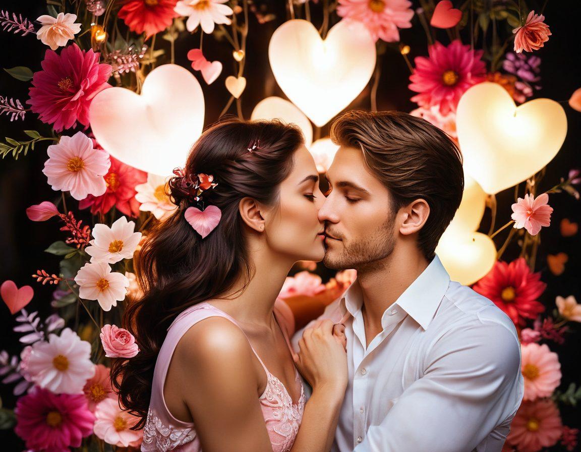 A couple lost in a tender moment, surrounded by soft, glowing lights symbolizing youthful passion and connection. Include ethereal flowers and floating hearts in the background, evoking a sense of romance and allure. Capture the essence of joy and excitement in their expressions. The color palette should be rich with warm, romantic tones. vibrant colors. super-realistic.