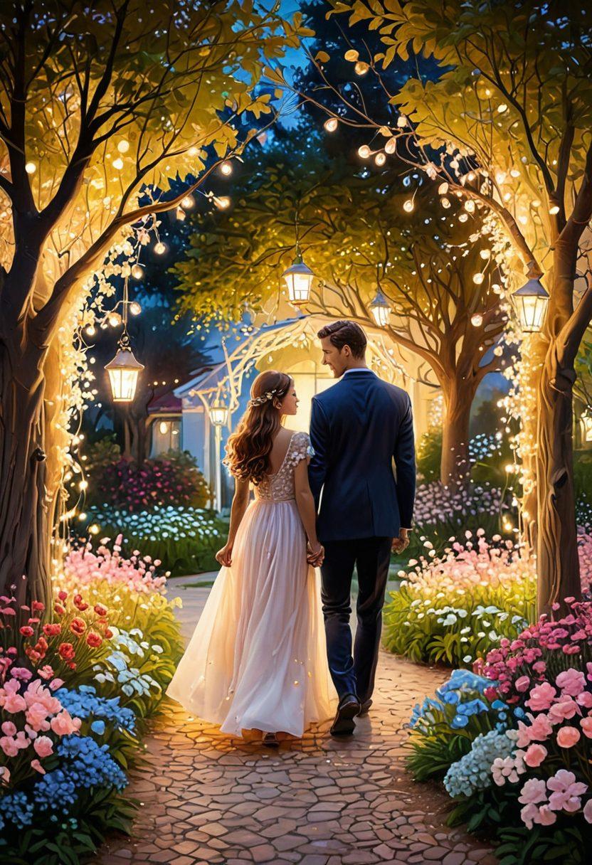 A whimsical illustration of a couple walking through a serene garden, petals falling around them, symbolizing the transition from admiration to affection. The man is offering a bouquet of flowers, while the woman smiles brightly, her eyes sparkling with joy. Include soft pastel colors to evoke romance and warmth. Dreamlike atmosphere with fairy lights in the trees and a gentle sunset in the background. painting. vibrant colors.